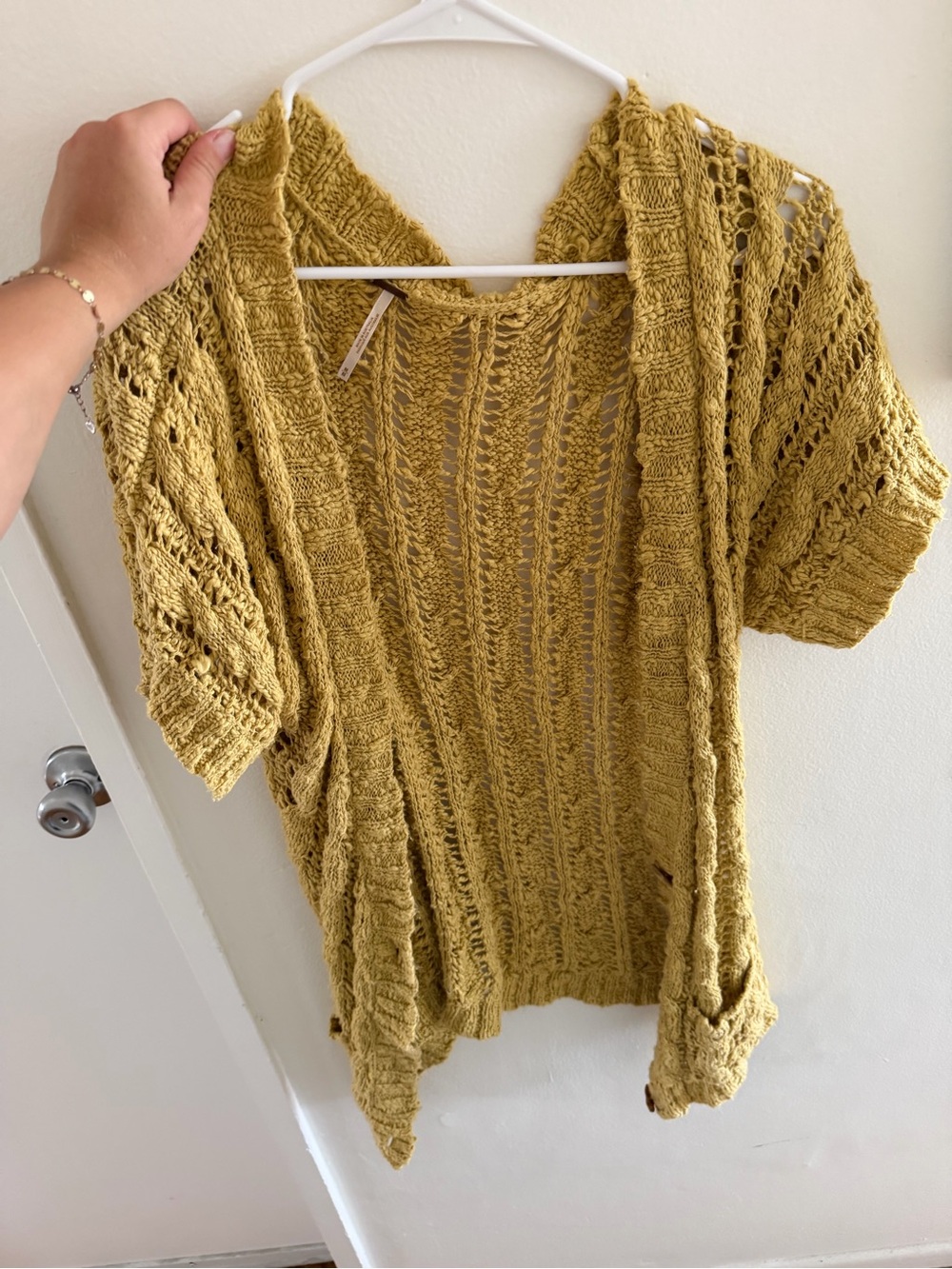 Free People Mustard Open Weave Short Sleeve Cardigan